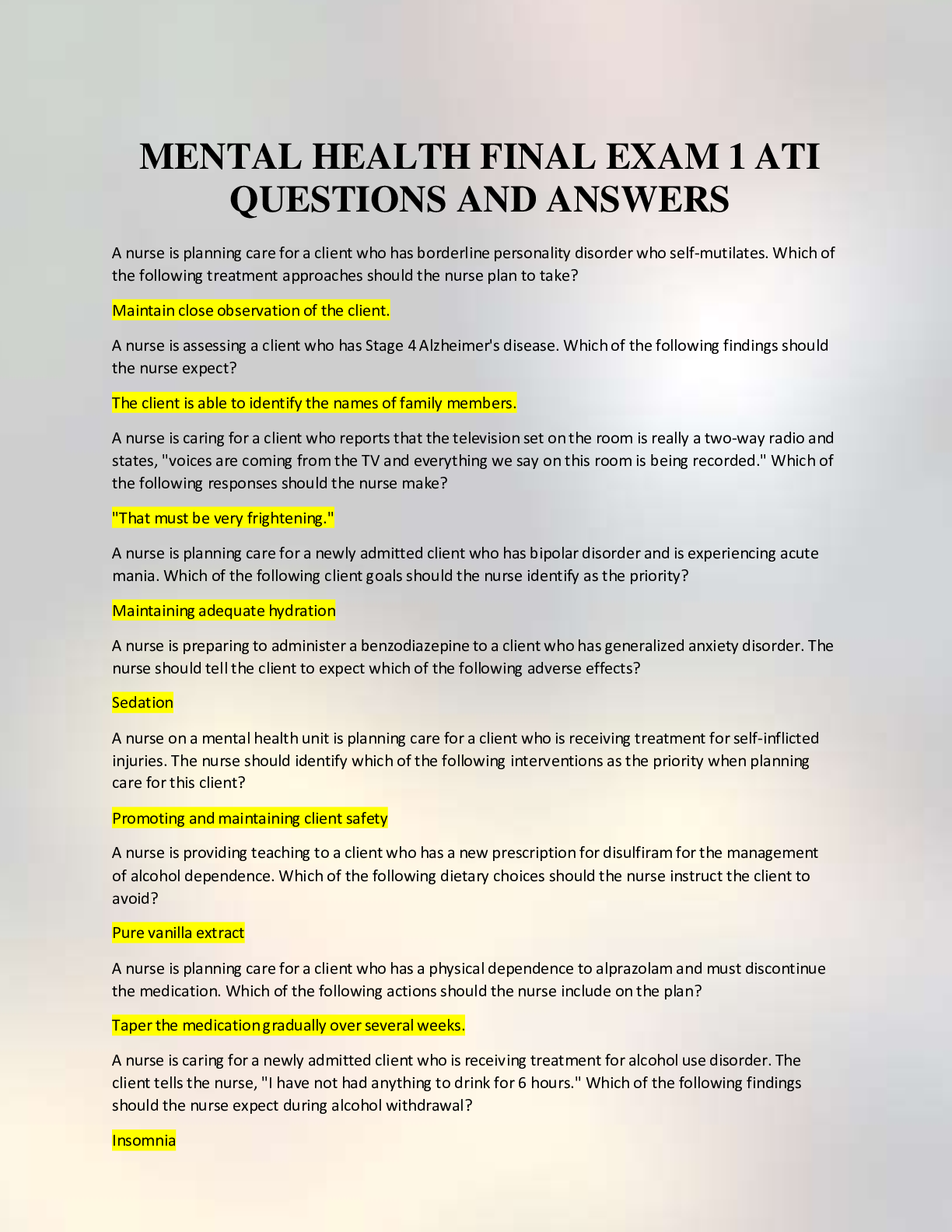 Preview image for MENTAL HEALTH FINAL EXAM 1 ATI QUESTIONS AND ANSWERS